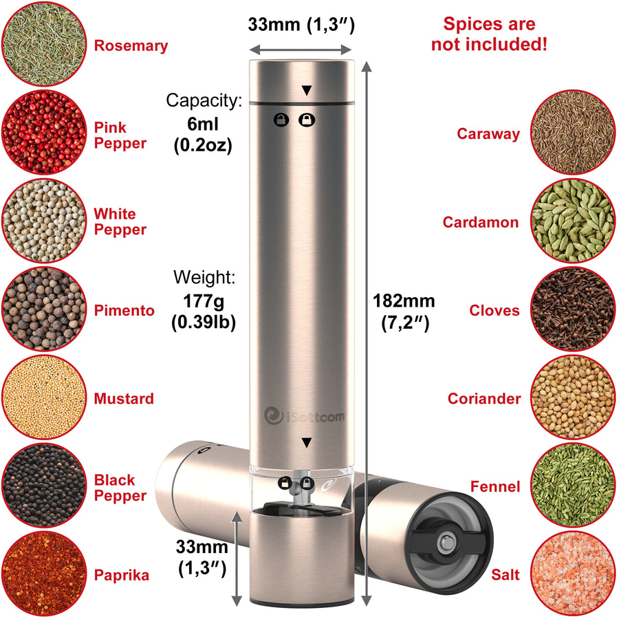  Electric Salt and Pepper Grinder Set - Battery Operated  Stainless Steel Mill with Light (2 Mills) - Automatic One Handed Operation  - Electronic Adjustable Shakers - Ceramic Grinders: Home & Kitchen